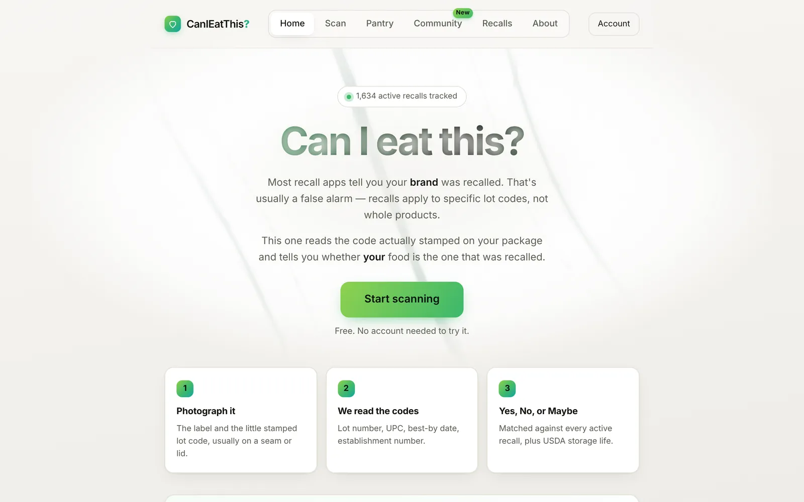 CanIEatThis home page: Can I eat this? with 1,634 active recalls tracked