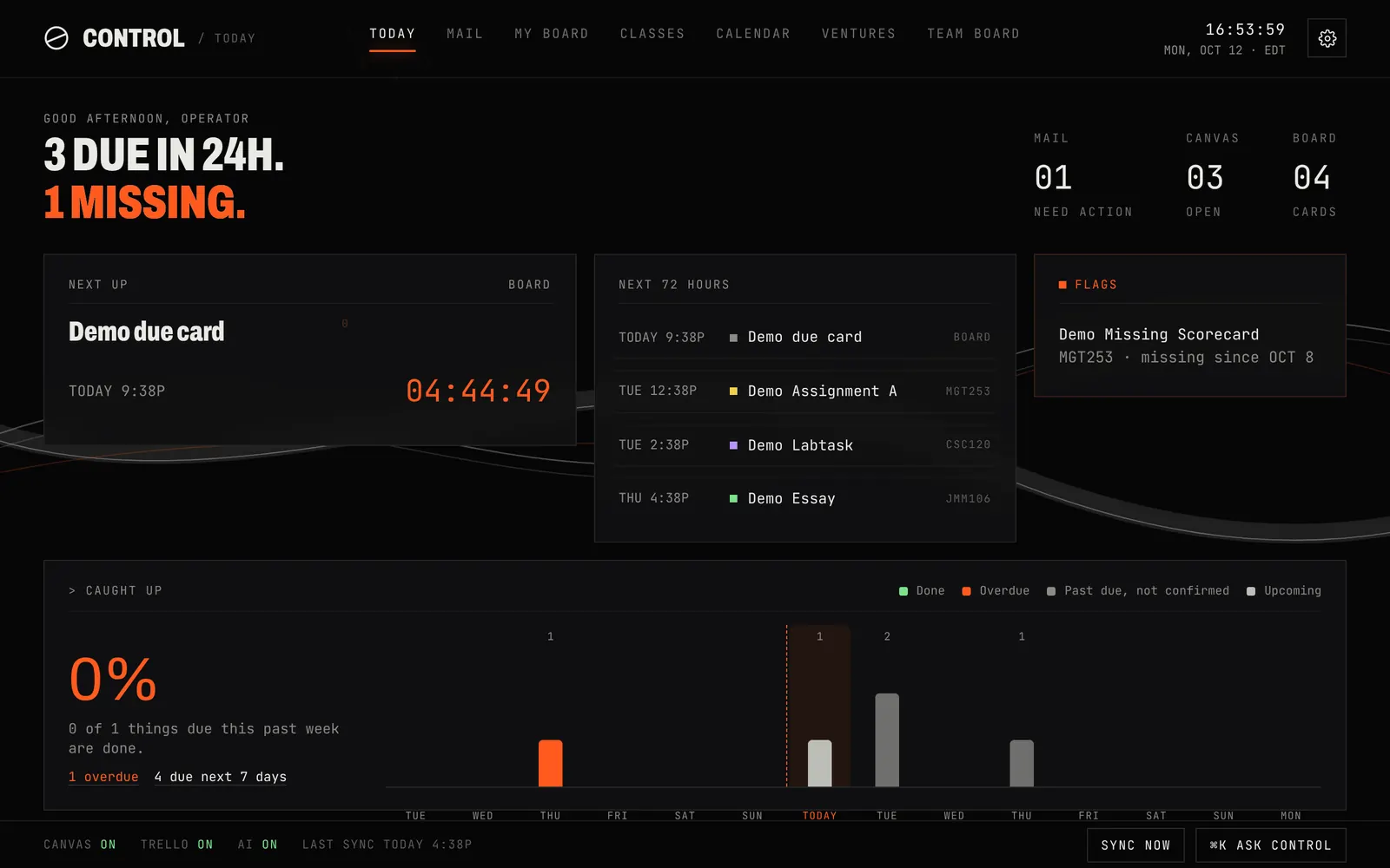 CONTROL Today view in the Terminal theme